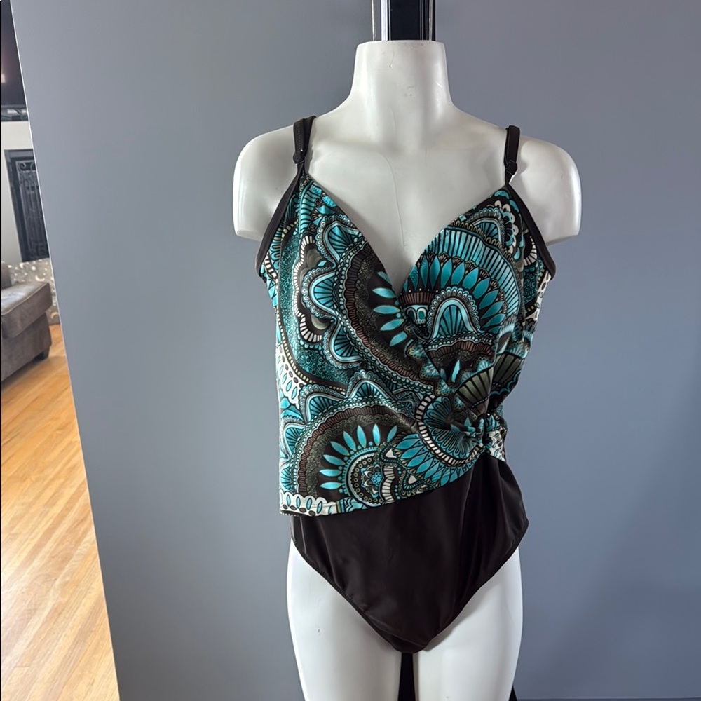 Brown and Blue Wrap-Style One Piece Swimsuit 527